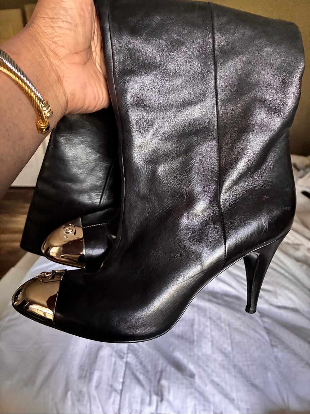 AUTHENTIC Black Leather CHANEL Knee-High Boots with Silver Cap Toe - Picture 5 of 12